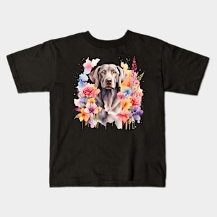 A weimaraner decorated with beautiful watercolor flowers Kids T-Shirt